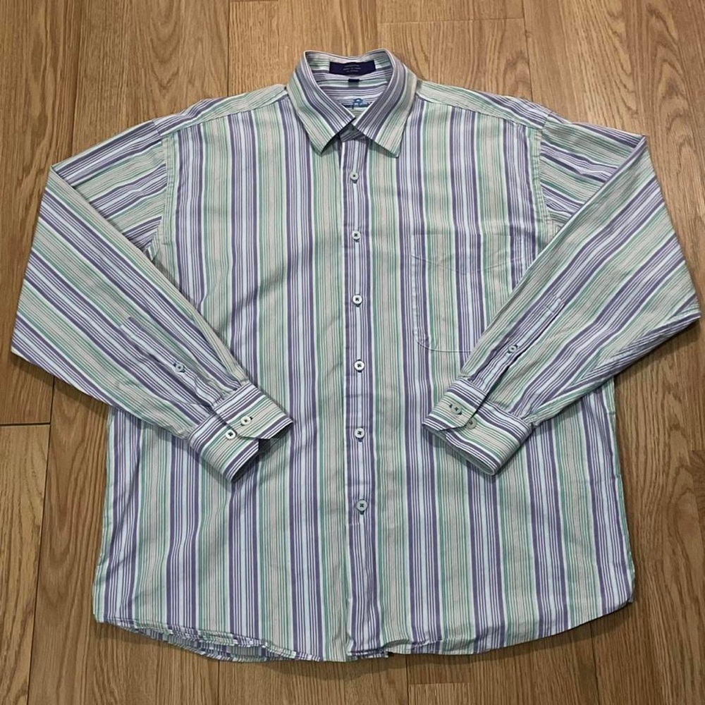 Alan Flusser Men’s Medium Long Sleeve Button Up Shirt Purple Striped Preppy